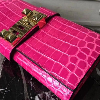 HERM Medor Clutch Bag In Rose Red Crocodile Leather