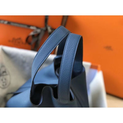 HERM Picotin Lock 18 Bag In Blue Agate Clemence Leather