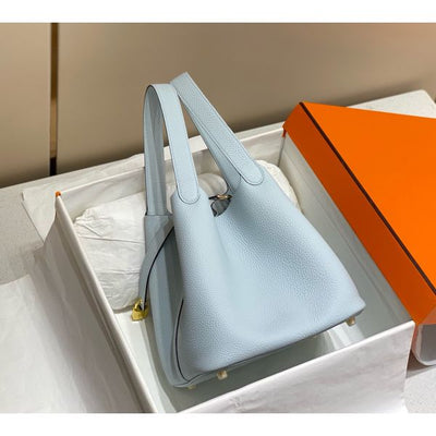 HERM Picotin Lock 18 Bag In Blue Brume Clemence Leather