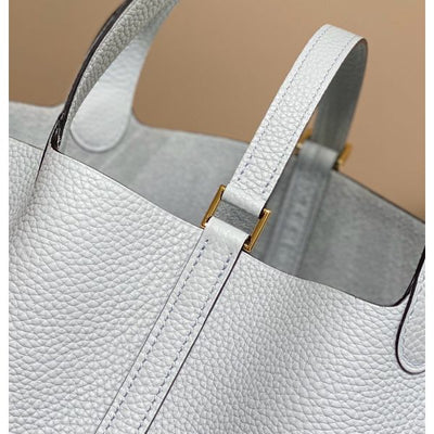 HERM Picotin Lock 18 Bag In Blue Brume Clemence Leather