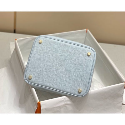 HERM Picotin Lock 18 Bag In Blue Brume Clemence Leather