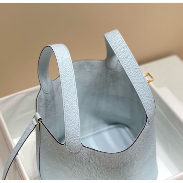 HERM Picotin Lock 18 Bag In Blue Brume Clemence Leather