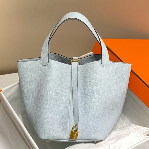 HERM Picotin Lock 18 Bag In Blue Brume Clemence Leather