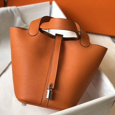HERM Picotin Lock 18 Bag In Orange Clemence Leather