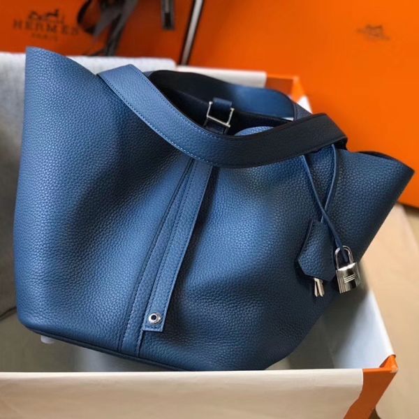 HERM Picotin Lock 22 Bag In Blue Agate Clemence Leather