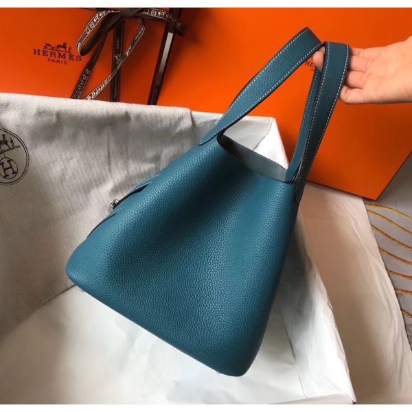 HERM Picotin Lock 22 Bag In Blue Jean Clemence Leather