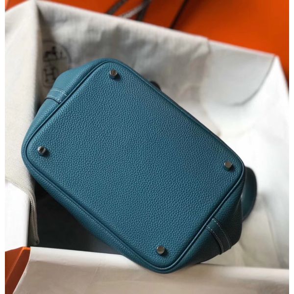HERM Picotin Lock 22 Bag In Blue Jean Clemence Leather