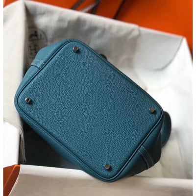 HERM Picotin Lock 22 Bag In Blue Jean Clemence Leather