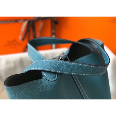 HERM Picotin Lock 22 Bag In Blue Jean Clemence Leather