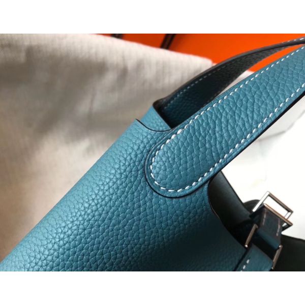 HERM Picotin Lock 22 Bag In Blue Jean Clemence Leather