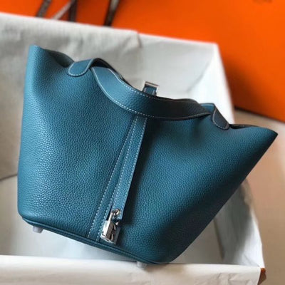 HERM Picotin Lock 22 Bag In Blue Jean Clemence Leather