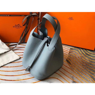 HERM Picotin Lock 22 Bag In Blue Lin Clemence Leather