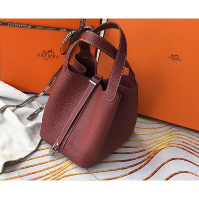 HERM Picotin Lock 22 Bag In Bordeaux Clemence Leather