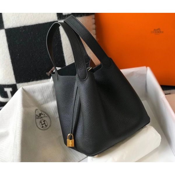 HERM Picotin Lock 22 Bag In Black Clemence Leather