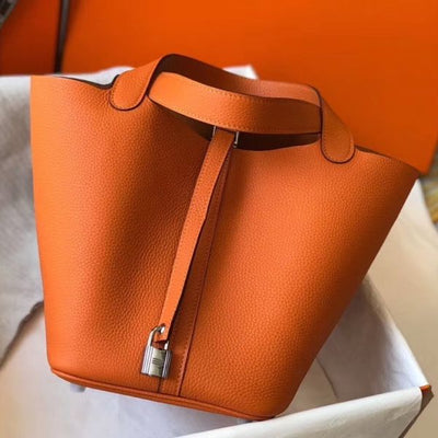 HERM Picotin Lock 22 Bag In Orange Clemence Leather
