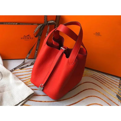 HERM Picotin Lock 22 Bag In Red Clemence Leather