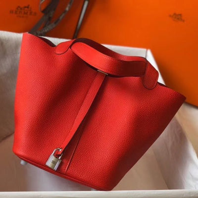 HERM Picotin Lock 22 Bag In Red Clemence Leather