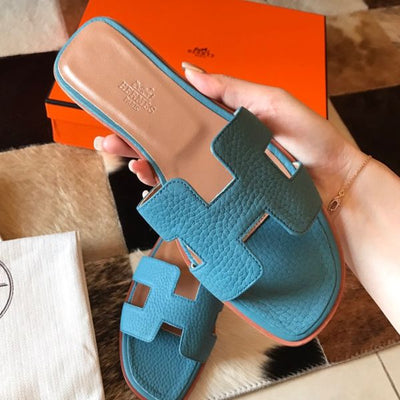 HERM Oran Slide Sandals In Blue Jean Clemence Leather