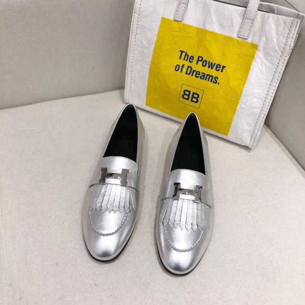 HERM Royal Loafers In Silver Metallic Lambskin