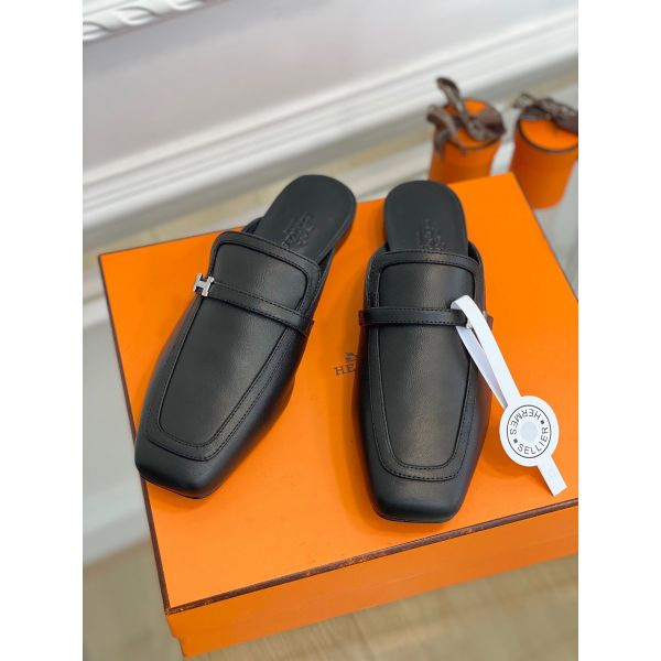 HERM Groupie Mules in Black Calfskin