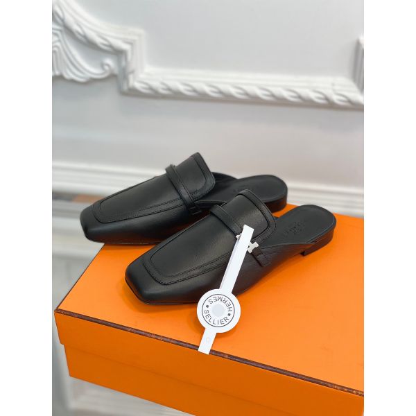 HERM Groupie Mules in Black Calfskin