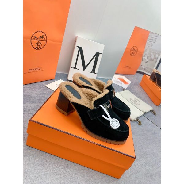 HERM Flore 60 Mules in Black Suede with Shearling