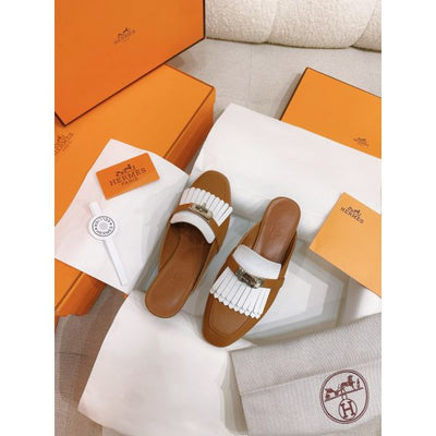 HERM Women's Oz Mules with Fringed in Brown/White Leather