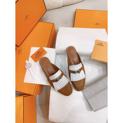 HERM Women's Oz Mules with Fringed in Brown/White Leather