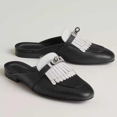 HERM Women's Oz Mules with Fringed in Black/White Leather