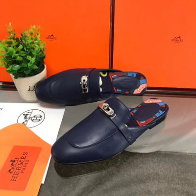 HERM Oz Mules In Dark Blue Calfskin