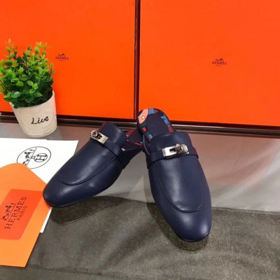HERM Oz Mules In Dark Blue Calfskin