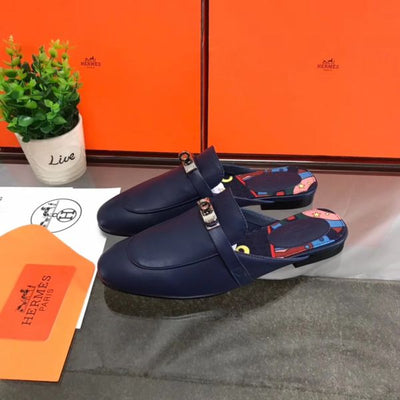HERM Oz Mules In Dark Blue Calfskin