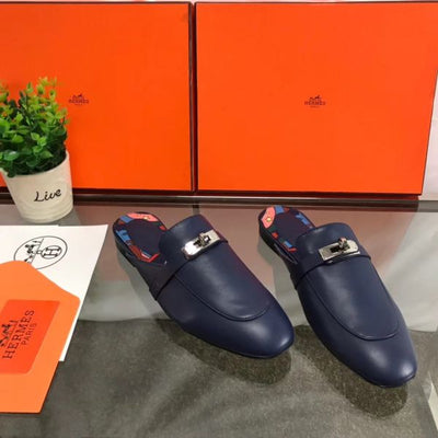 HERM Oz Mules In Dark Blue Calfskin