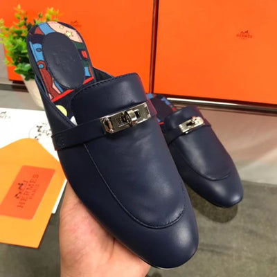 HERM Oz Mules In Dark Blue Calfskin