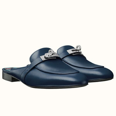 HERM Oz Mules In Dark Blue Calfskin