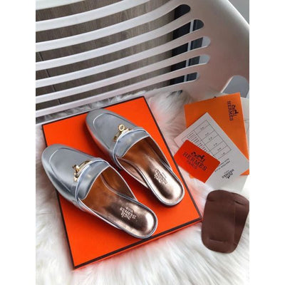 HERM Oz Mules In Silver Metallic Calfskin
