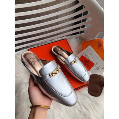 HERM Oz Mules In Silver Metallic Calfskin