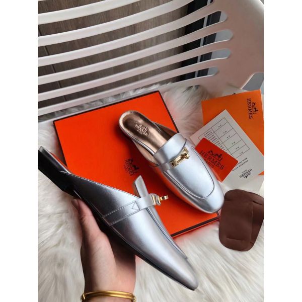 HERM Oz Mules In Silver Metallic Calfskin