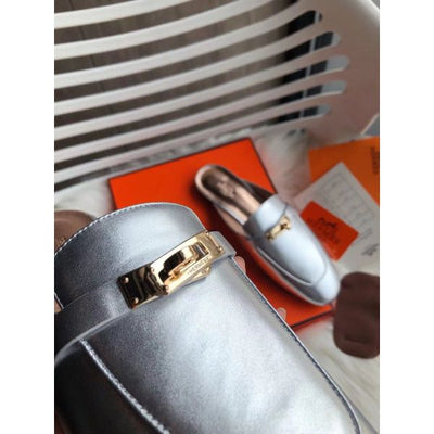 HERM Oz Mules In Silver Metallic Calfskin