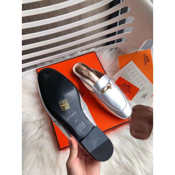 HERM Oz Mules In Silver Metallic Calfskin