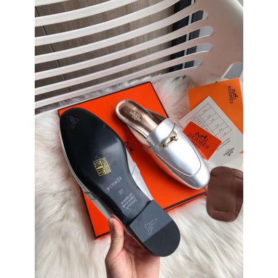 HERM Oz Mules In Silver Metallic Calfskin