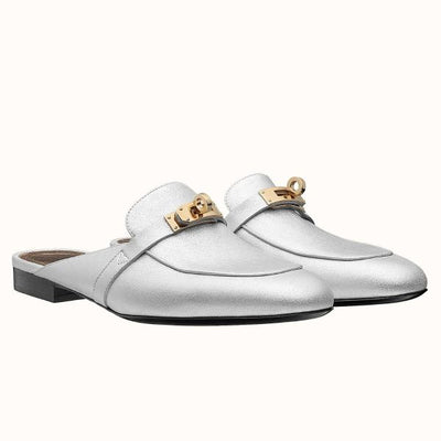 HERM Oz Mules In Silver Metallic Calfskin