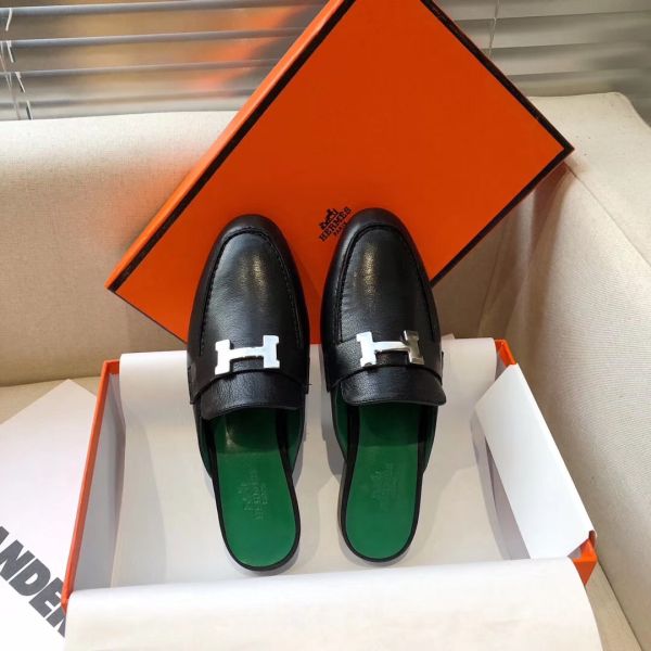 HERM Trocadero Mules In Black Goatskin