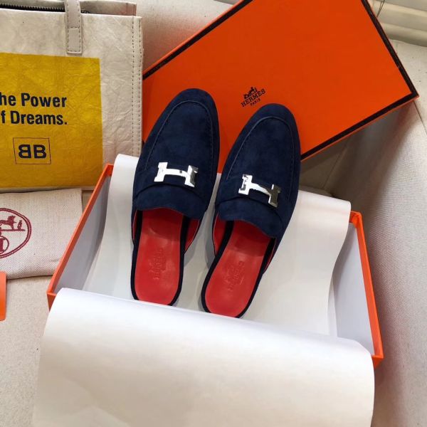 HERM Trocadero Mules In Blue Suede