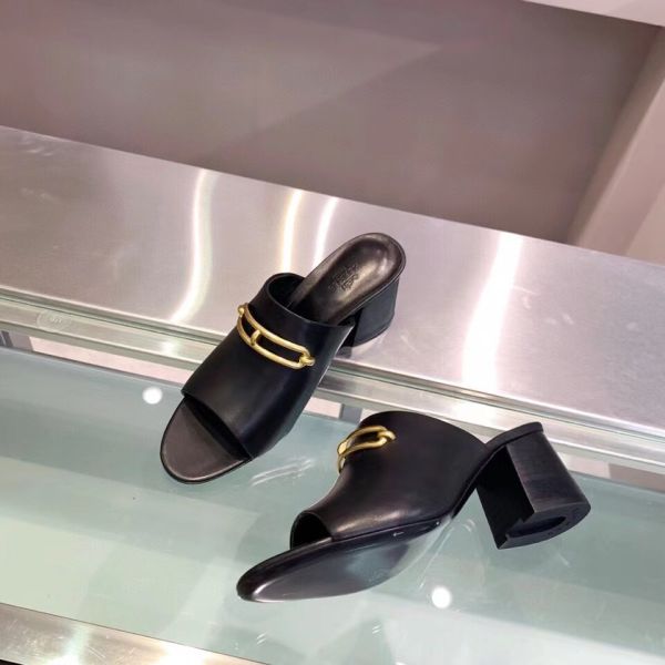 HERM Camilla Mules 60MM In Black Calfskin