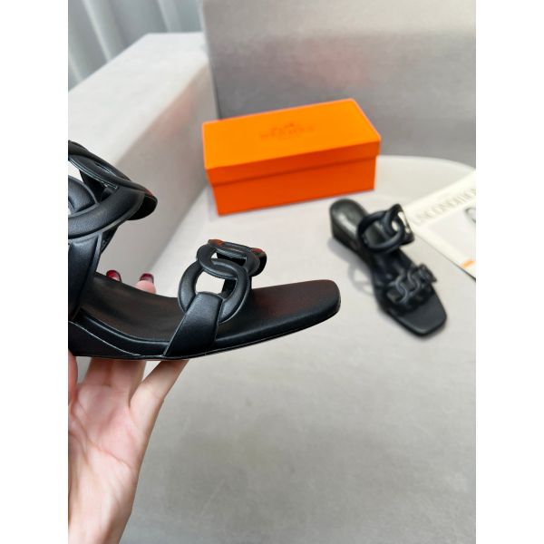 HERM Figari 55mm Wedge Sandals In Black Nappa Leather