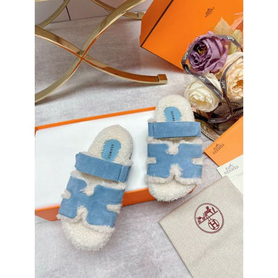 HERM Women's Chypre Sandals in Blue Suede with Shearling