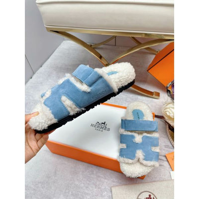 HERM Women's Chypre Sandals in Blue Suede with Shearling