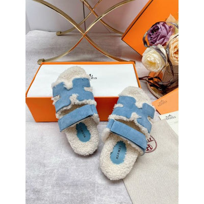 HERM Women's Chypre Sandals in Blue Suede with Shearling
