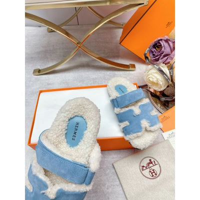 HERM Women's Chypre Sandals in Blue Suede with Shearling
